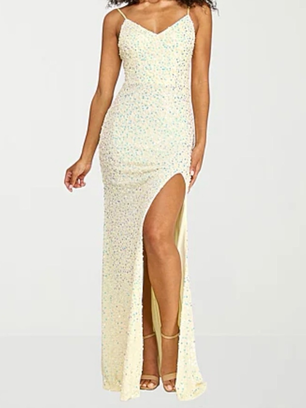 Sequin Ivory Spaghetti-Strap Prom Dress with High Slit
